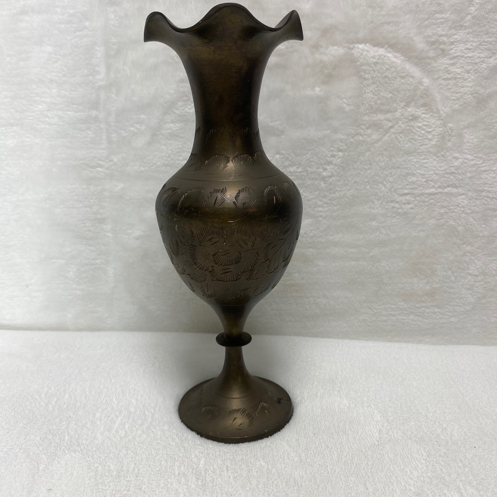 Vintage Brass Vase Etched Floral Design Ornate Trumpet Neck Pedestal Base Decor